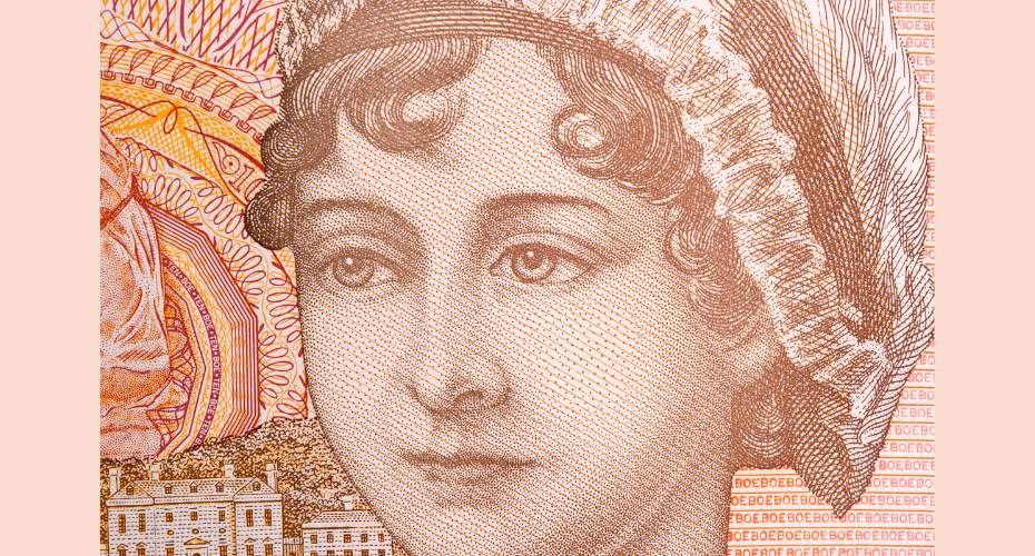 A pixilated drawing of the writer Jane Austen which is an extract from a former English banknote