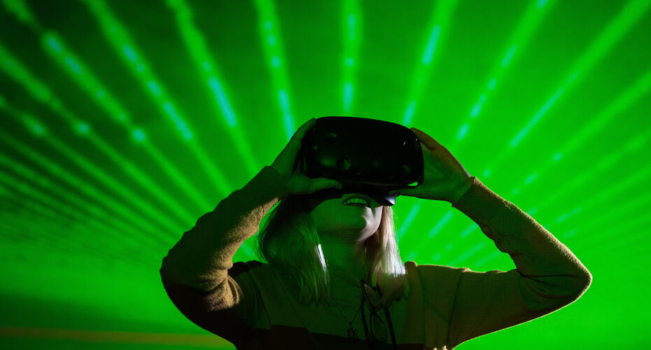 A student using a virtual reality headset