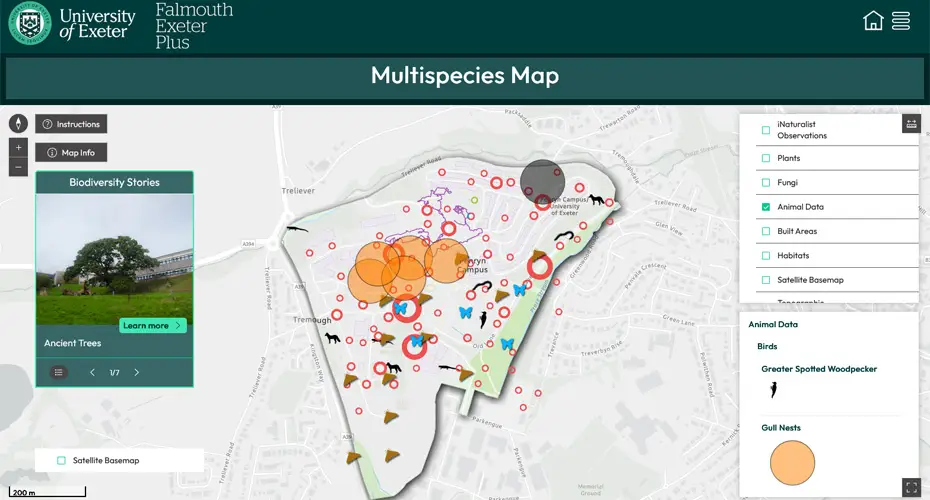 A screenshot of the multispecies map showing Penryn Campus alongside a key of the species.