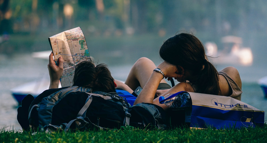 Students reading map