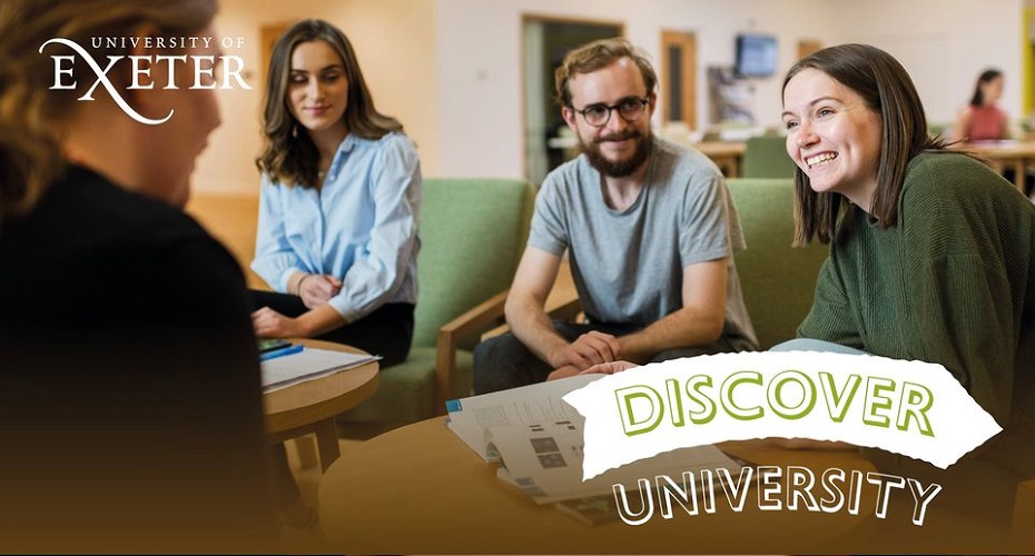 Students sat around a table, with a Discover University logo attached.