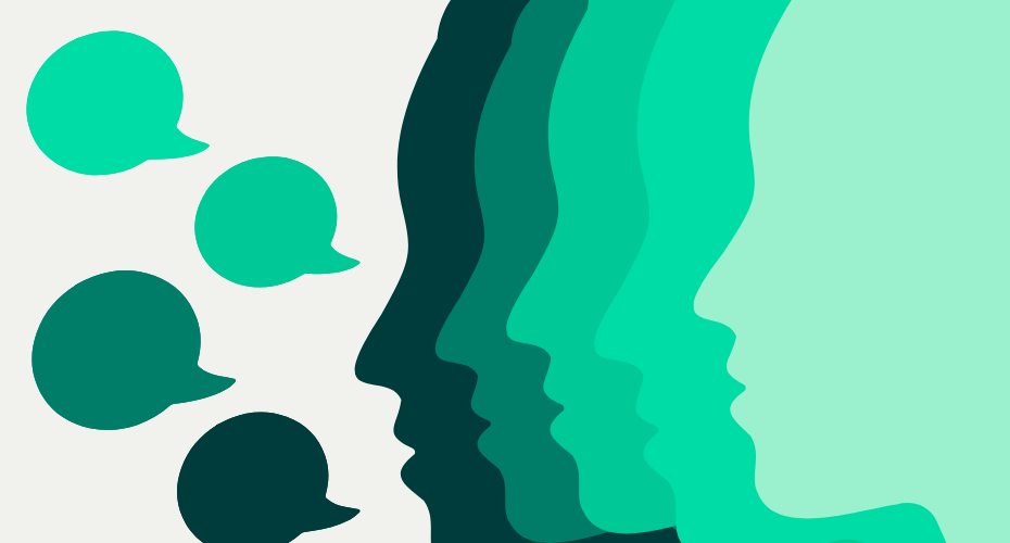 Overlapping silhouettes of heads in profile, with speech bubbles, in shades of Exeter green.