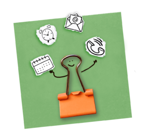 A paperclip person juggling various aspects of project management
