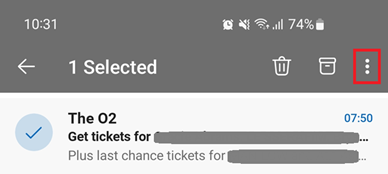 Screenshot showing the first step of reporting a phishing email on Outlook for Android