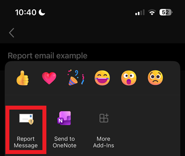 Screenshot showing the second step of reporting a phishing email on Outlook for iOS