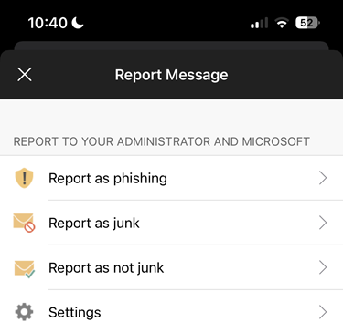 Screenshot showing the third step of reporting a phishing email on Outlook for iOS